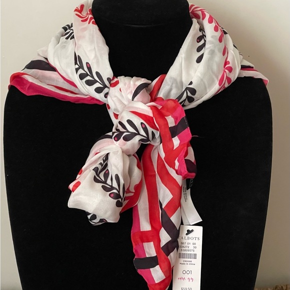 Talbots Pink, White, red,  black or dark blue leaves, stripes modal scarf. China - Picture 1 of 8